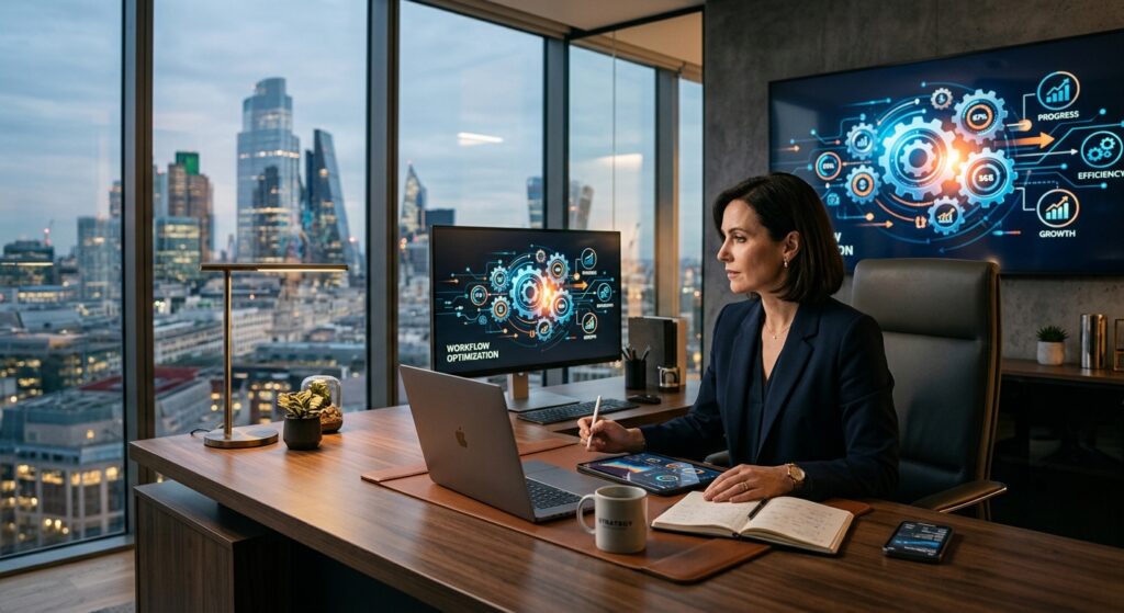 A sleek, professional executive workspace featuring an abstract digital visualization of gears and w