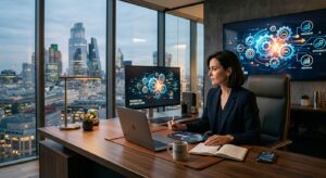 A sleek, professional executive workspace featuring an abstract digital visualization of gears and w