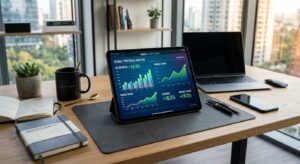 A professional, high-angle editorial photograph of a clean, modern workspace featuring a glowing dig