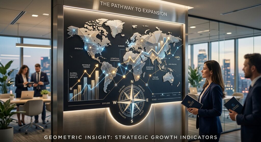 A professional, high-end editorial image of a stylized world map integrated with abstract geometric