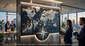 A professional, high-end editorial image of a stylized world map integrated with abstract geometric