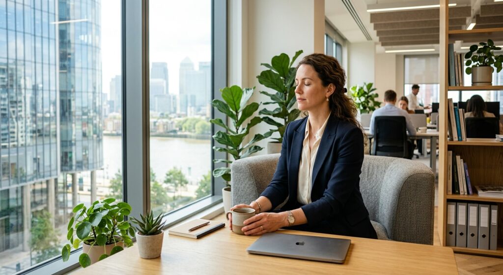 A high-quality, professional editorial shot of a focused business person taking a mindful break in a