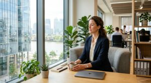 A high-quality, professional editorial shot of a focused business person taking a mindful break in a