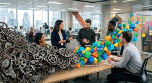 A professional, high-quality editorial photograph featuring a modern, sleek office environment where