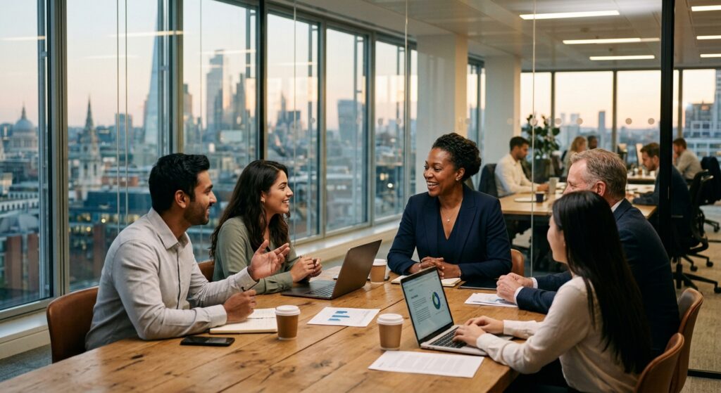 A cinematic, high-end editorial photograph of a diverse professional leader engaging in an authentic