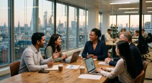 A cinematic, high-end editorial photograph of a diverse professional leader engaging in an authentic