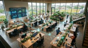 A professional, high-angle editorial shot of a modern, sustainable office workspace featuring subtle