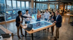 A professional, high-angle editorial shot of a diverse business team collaborating via glowing inter