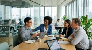 A professional, high-quality editorial photograph of a diverse team collaborating in a modern, sunli