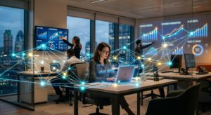 A professional editorial composition featuring a glowing digital neural network mesh overlaying a sl