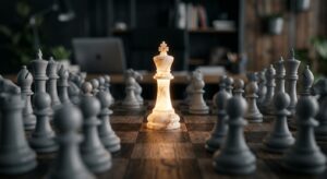 A professional editorial composition featuring a glowing, marble chess king piece standing firmly am