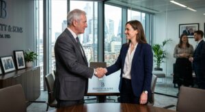 A professional, high-quality editorial photograph of two generations of business professionals shaki