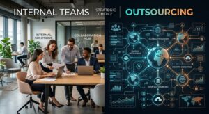 A professional, high-quality editorial image showing a split composition with a sleek, modern office