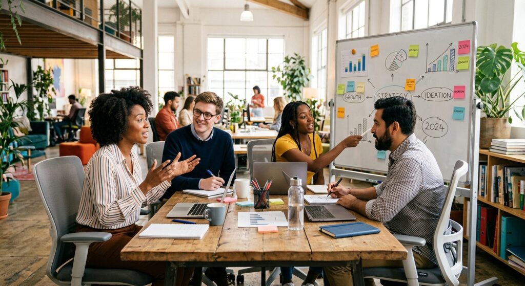 A professional, high-quality editorial photograph of a diverse team collaborating in a modern, light