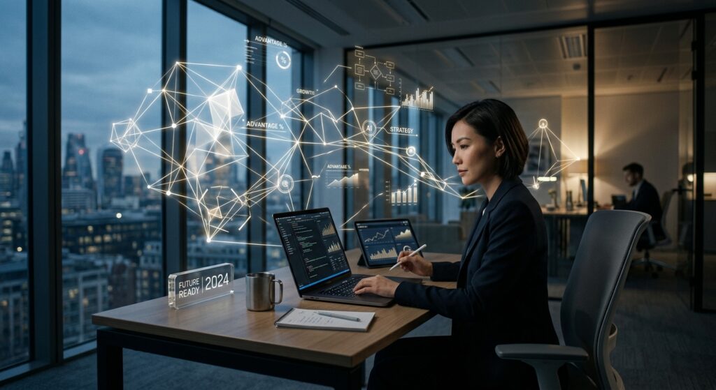 A professional, minimalist editorial composition featuring a glowing geometric network and abstract