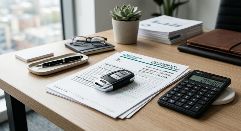 A professional, high-concept editorial image featuring a sleek modern car key resting on top of offi