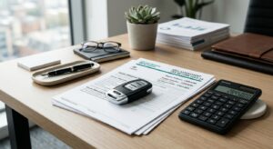 A professional, high-concept editorial image featuring a sleek modern car key resting on top of offi