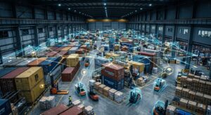 A professional, high-angle editorial photograph of a modern logistics warehouse featuring a glowing