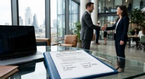A professional, sharp focus shot of a sleek legal document on a glass office desk near a laptop, wit