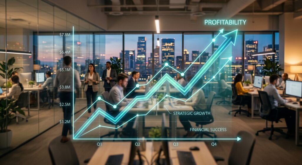 A high-quality, professional editorial photograph of a stylized upward-trending growth chart superim