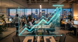 A high-quality, professional editorial photograph of a stylized upward-trending growth chart superim