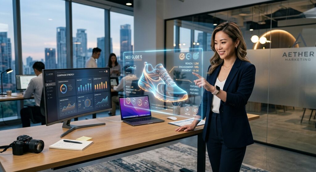 A sleek, professional workspace featuring a digital marketing specialist interacting with a holograp