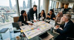 A professional, high-angle editorial photograph of a diverse team collaborating around a modern glas