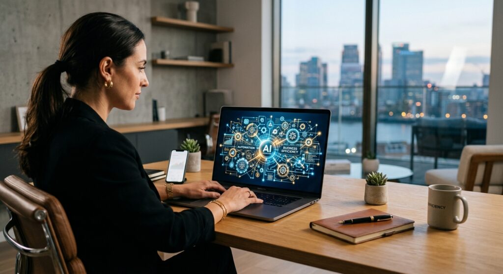 A professional, high-end editorial shot of a modern, minimalist office workspace with a glowing, abs