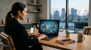 A professional, high-end editorial shot of a modern, minimalist office workspace with a glowing, abs