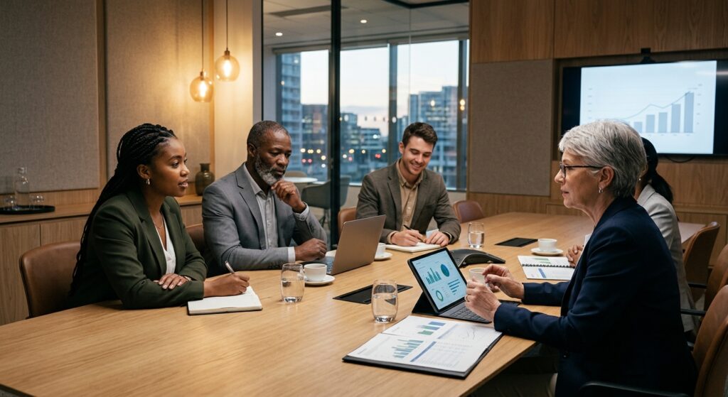 A professional, editorial-style photograph of a diverse team of specialists from different age group
