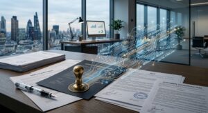 A professional, high-quality editorial image featuring a modern office desk with a stylized transiti