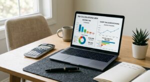 A professional, high-quality editorial photograph featuring a clean office desk with a calculator, a