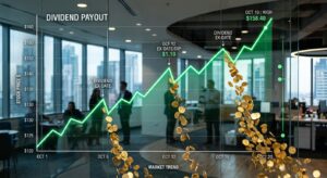 A professional, high-quality editorial photograph of a rising financial stock market graph integrate