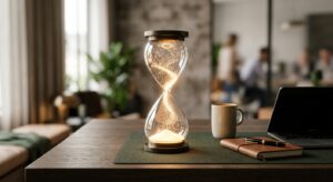 A minimalist, high-end editorial shot of a modern office desk featuring an hourglass filled with glo
