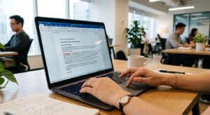A professional close-up of a person’s hands editing a business cover letter on a laptop, editorial p