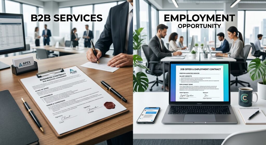 A professional, split-composition conceptual shot featuring a stylized business contract on one side