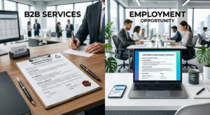 A professional, split-composition conceptual shot featuring a stylized business contract on one side