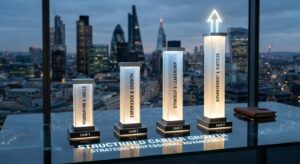 A sleek, professional conceptual composition featuring four illuminated architectural pillars standi