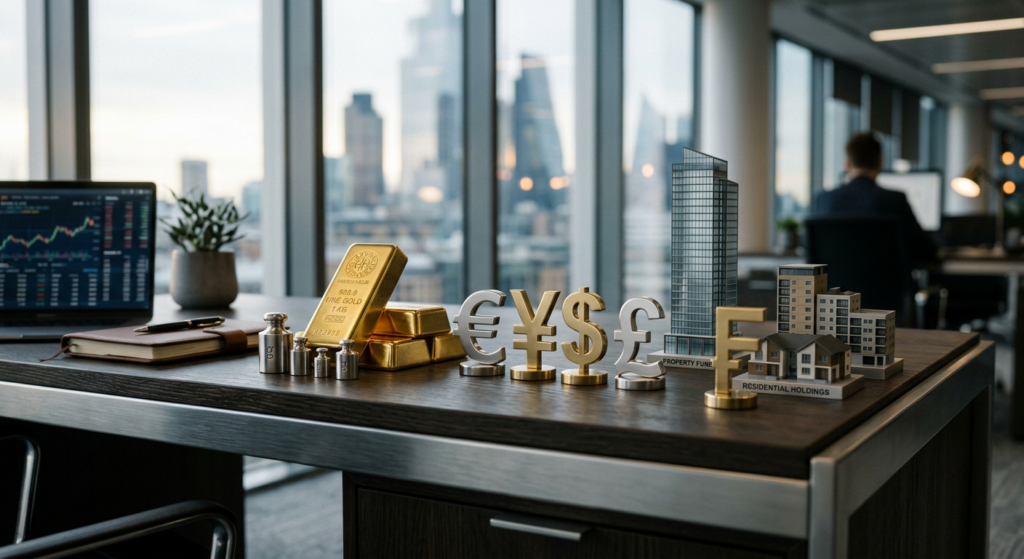 A professional, editorial-style conceptual photograph of a diverse portfolio of financial assets, in