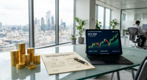 A professional, high-quality editorial image featuring neat stacks of gold coins next to a stylized