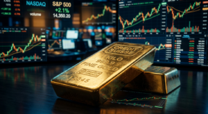 A professional, high-end editorial image featuring a polished gold bar resting on top of a blurred b