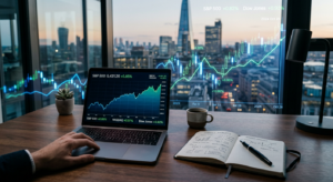 A professional, minimalist editorial composition featuring a glowing digital stock market graph over
