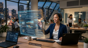 A professional, high-end editorial image featuring a modern office setting where a human employee co