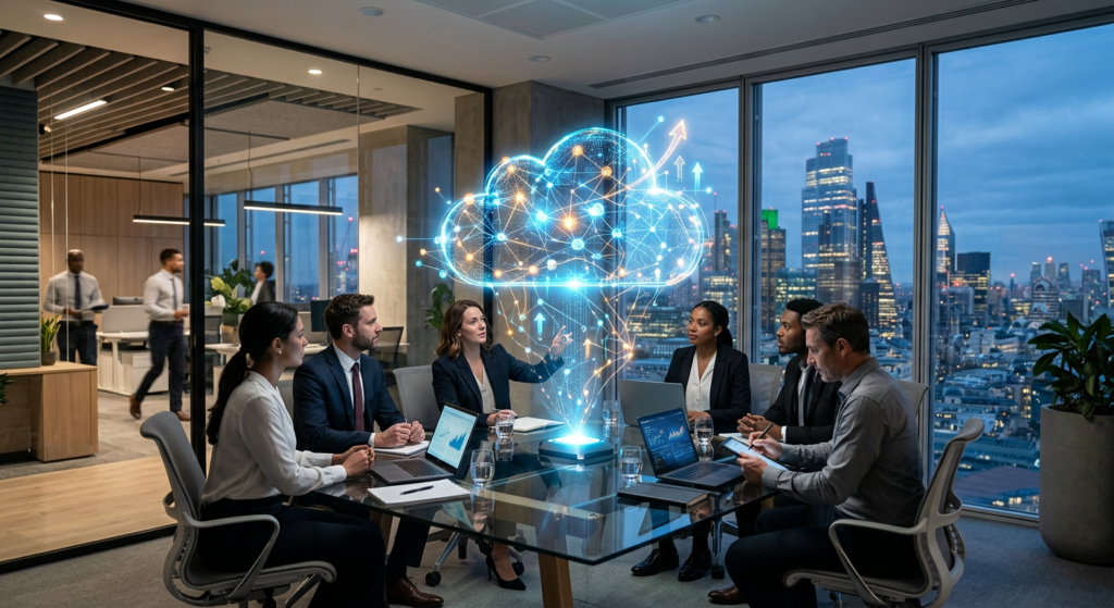 A professional, high-quality editorial photograph of a modern office interior featuring a glowing, a