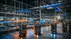 A professional, cinematic shot of a modern, high-tech automated warehouse with glowing logistics aut