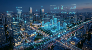 A high-end, professional 3D visualization of a modern smart city with glowing digital twin overlays,