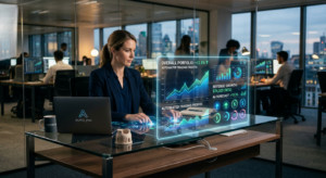 A professional, editorial-style conceptual image featuring a sleek, glowing digital dashboard interf