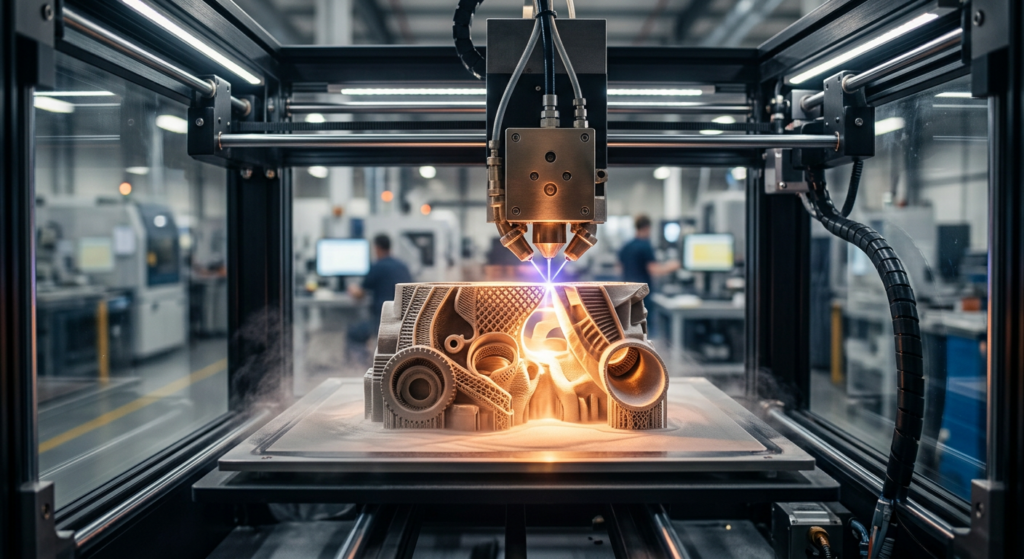 A sleek, professional close-up of a high-tech 3D printer creating a complex industrial component in