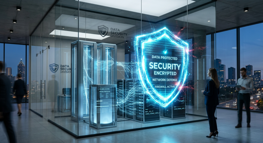 A professional, high-end editorial image featuring a glowing digital shield protecting a sleek, abst