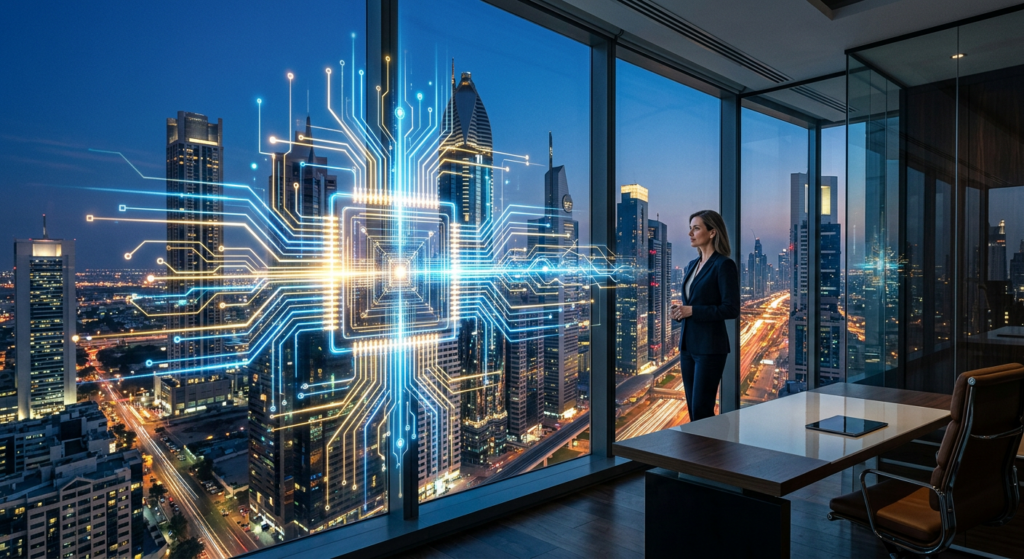 A professional, high-end editorial image featuring a glowing, abstract quantum processor circuit int